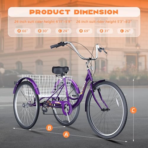 Adult Tricycle with Large Basket 24/26 Inch, 7-Speed 3-Wheel Bike I7207