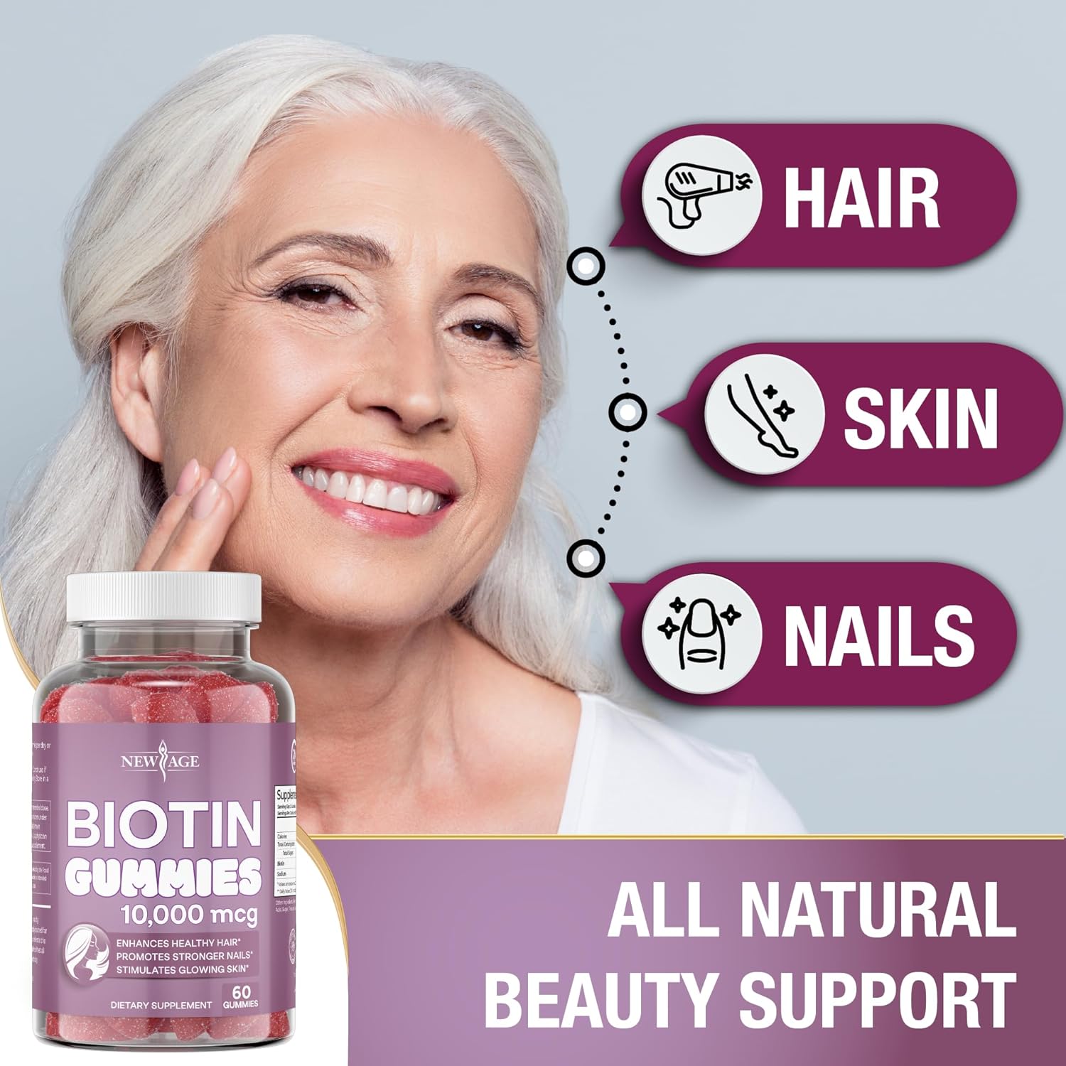 NEW AGE Biotin Gummies 10,000 mcg for Hair, Skin & Nails, Non-GMO, 120 Count Z407274