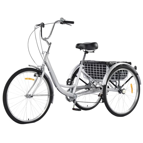 Adults Tricycles 24 & 26 Inch 3 Wheel Bikes for Adults with 7 Speed, Adult Tricycles for Women Men, Dual Chain, Large Rear Basket and Bag, Adult Trikes for Shopping, Beach and City
