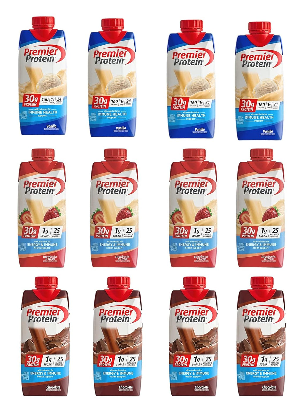 Premier Protein High Protein Shake, Strawberry Cream, Chocolate, and Vanilla Variety (11 Fl oz. 12pk) World Group Packing Solutions, Total:132.0 Fl Oz