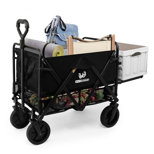 Collapsible Double Decker Wagon with Tailgate, Heavy Duty Foldable Wagon with All-Terrain Big Wheels, Beach Wagon for Camping, Sports, Shopping, Garden Black