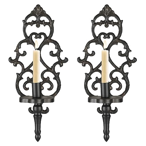 Wall Candle Sconce Holder Set of 2, Candle Sconces Wall Decor for Living Room Dining Room Bedroom, Black Antique Metal Wall Candle Holder for Home Wall Decoration (Candle Sconce 01)