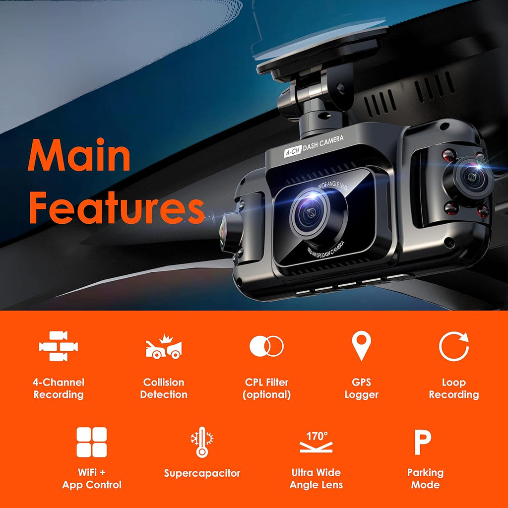 R4 4 Channel Dash Cam with 1080p, Wi-Fi, GPS, IR Night Vision V990
