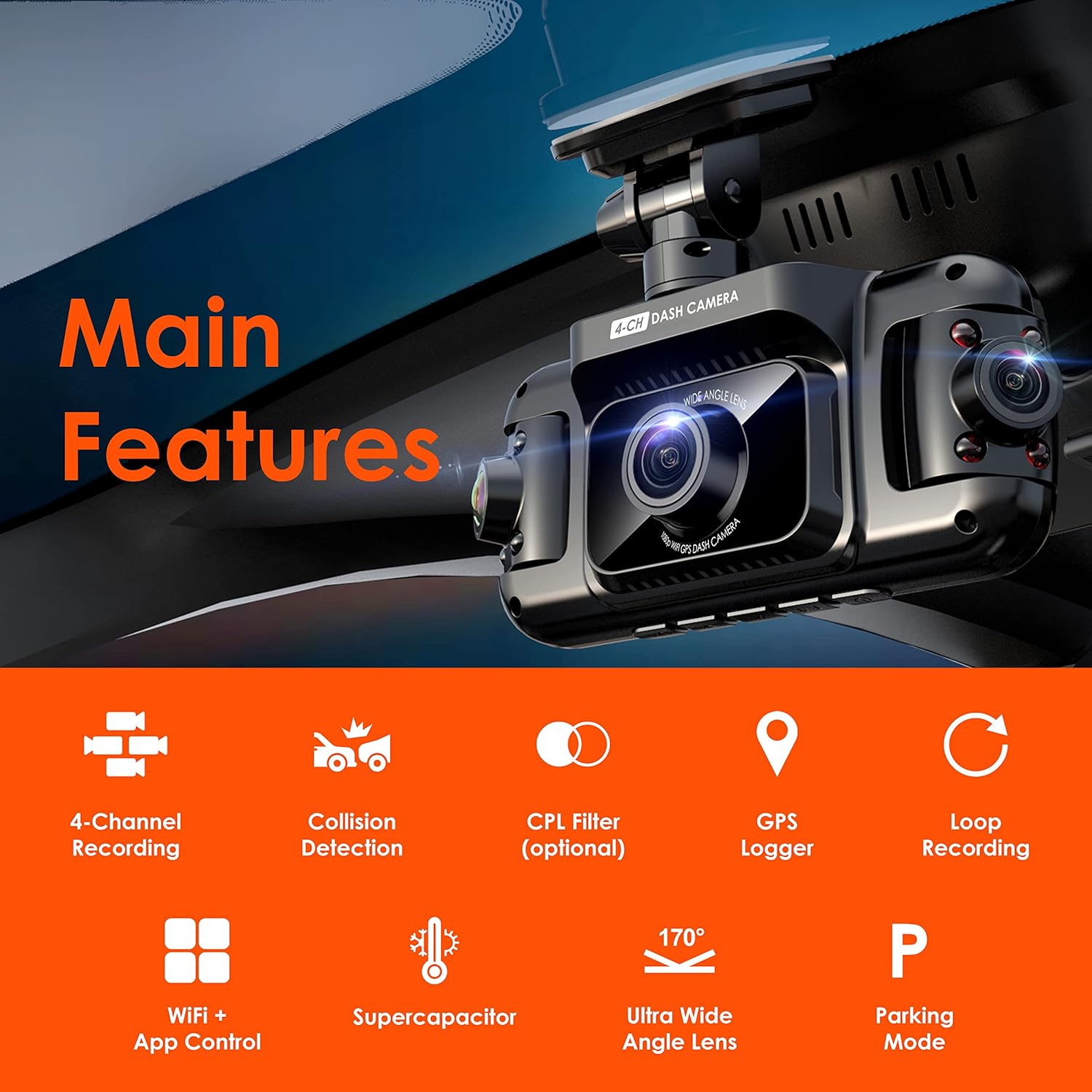 R4 4 Channel Dash Cam with 1080p, Wi-Fi, GPS, IR Night Vision V990