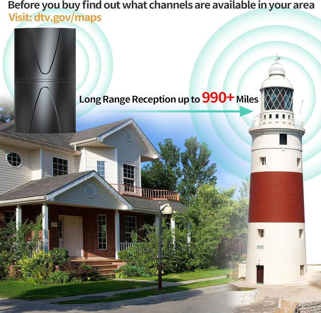 Amplified TV Antenna 991 Miles Range Indoor Outdoor with Coaxial Cable, Black T828