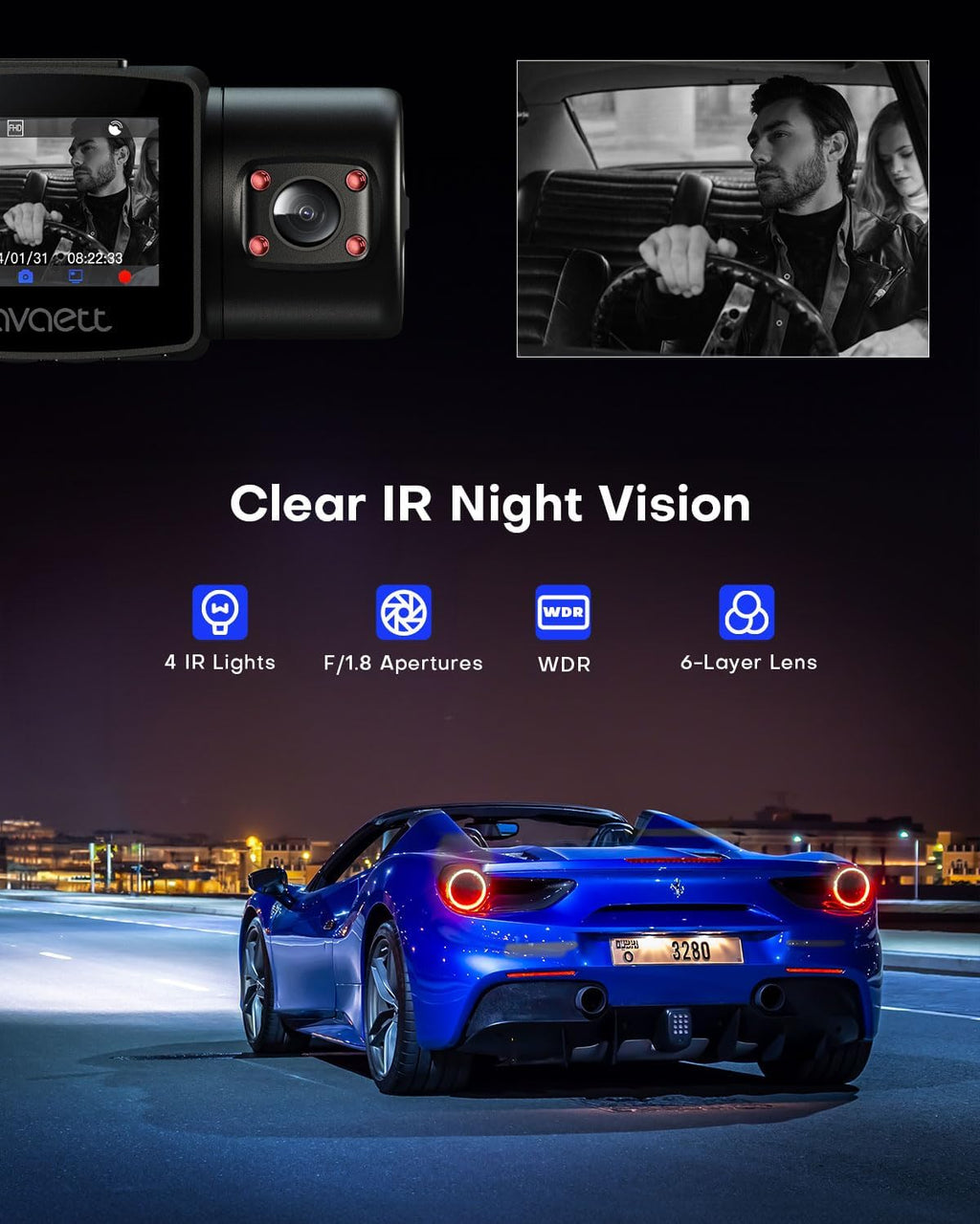 Avaett D60 Dual 2.5K Dash Cam Front and Inside with WiFi GPS Q77973