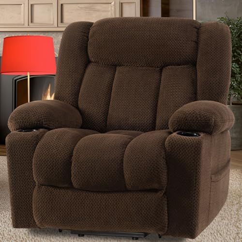 Large Power Lift Chairs Recliners for Elderly with Extended Footrest, Lift Chairs with Heat and Massage, Big and Tall Overstuffed Wide Recliner, 3 Positions (Plush Flannel, Dark Brown)