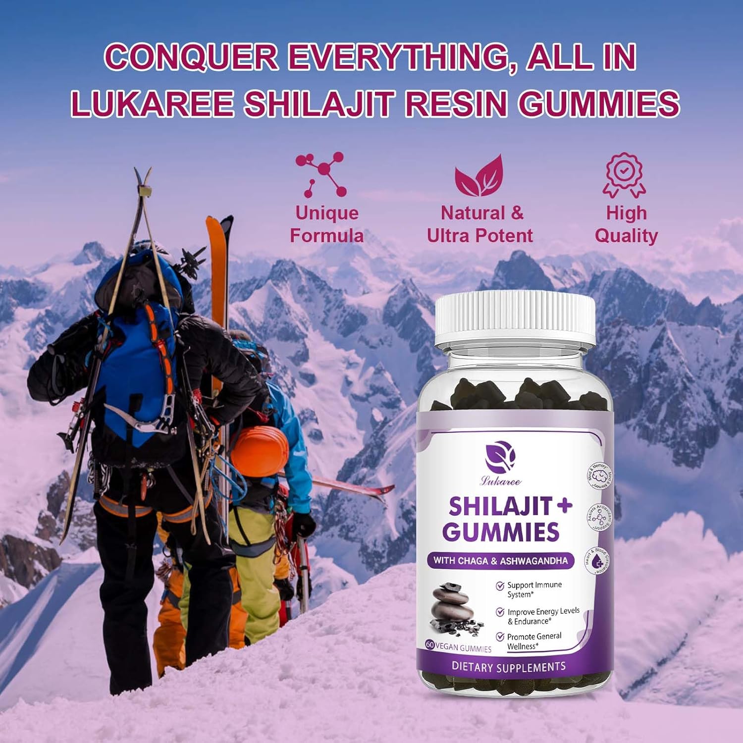 Shilajit Gummies with Ashwagandha, Black Seed Oil, Vitamins & Zinc, Sugar Free, Vegan L219