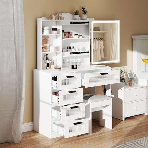 White Vanity Desk with Mirror and Lights, Charging Station, Stool D623487