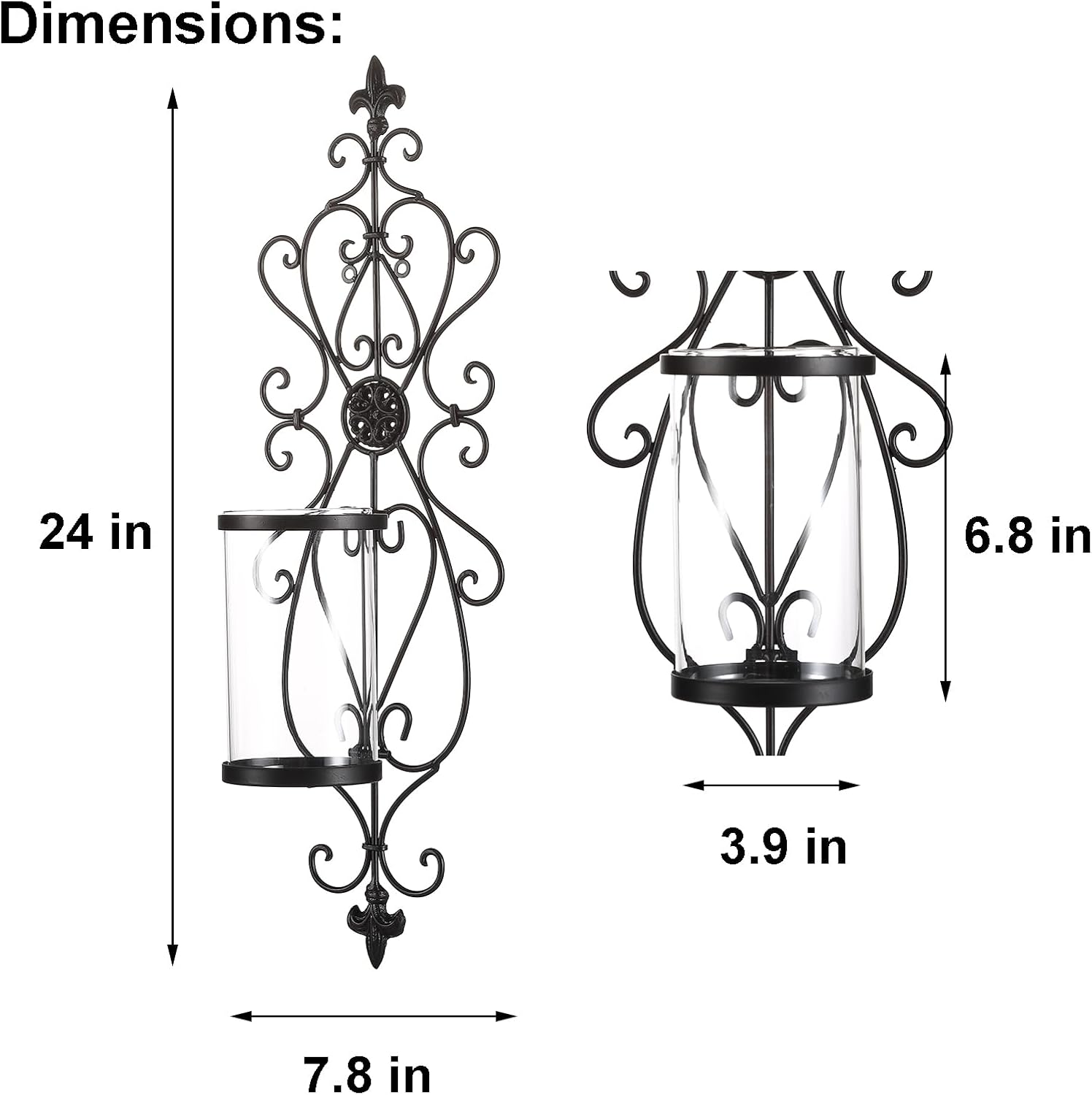 Antique Dark Brown Iron Glass Candle Wall Sconces Set of 2, 24" H V75786