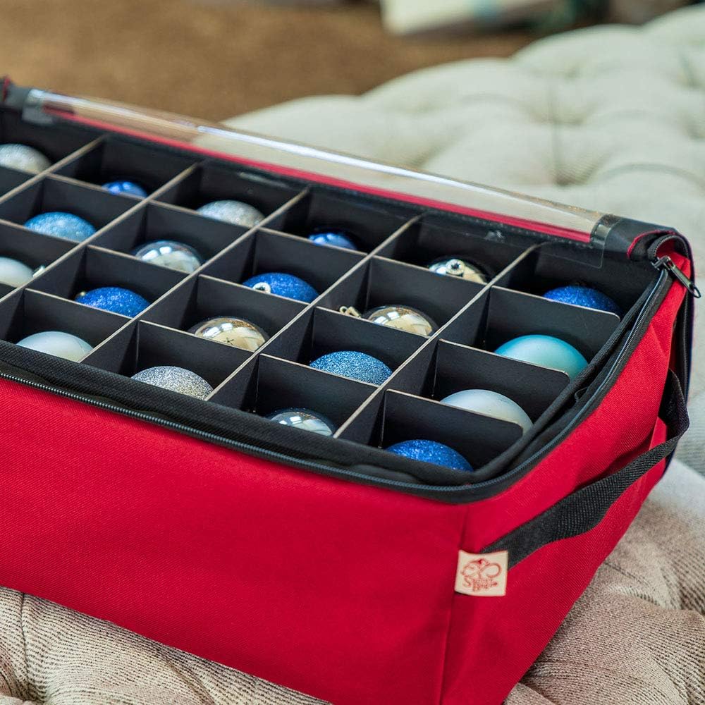 Red Christmas Ornament Storage Box with Dividers, Holds 48 Ornaments B671075