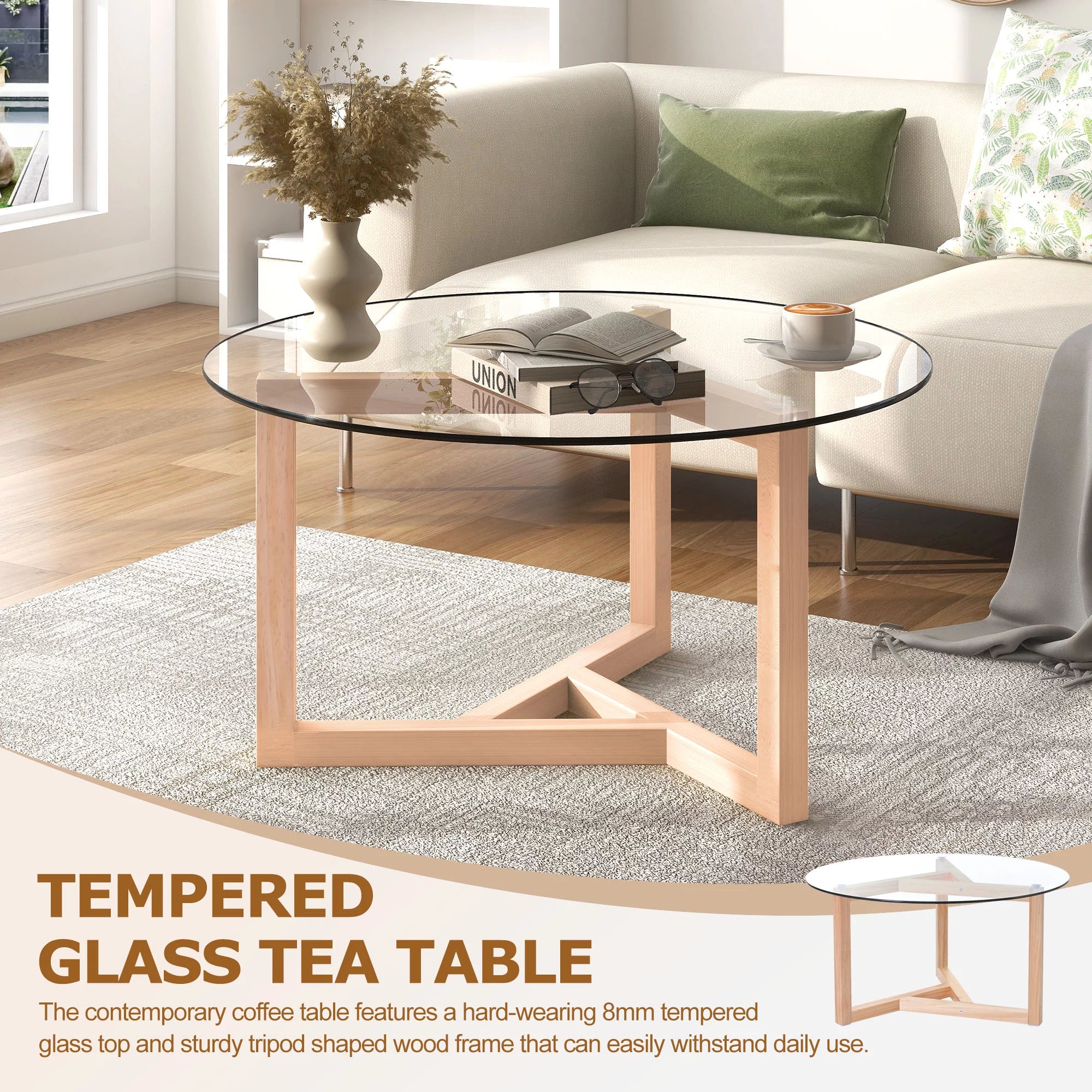 Round Glass Coffee Table with Tempered Glass Top & Wood Base Y46694