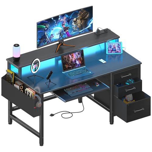 Lufeiya Computer Desk with File Drawers Cabinet, 47 Inch Home Office Desks with Keyboard Tray, Gaming Desk with LED Lights and Power Outlets, Writing Table PC Desks with Monitor Stand, Rustic Brown