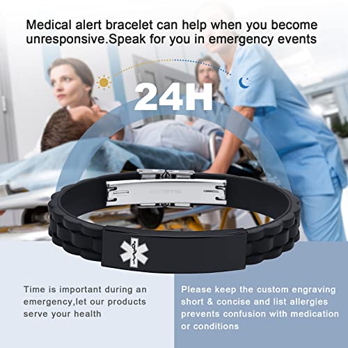 MEALGUET Personalized Medical Alert Bracelet Silicone Strap Stainless Steel ID Wristband Z91161