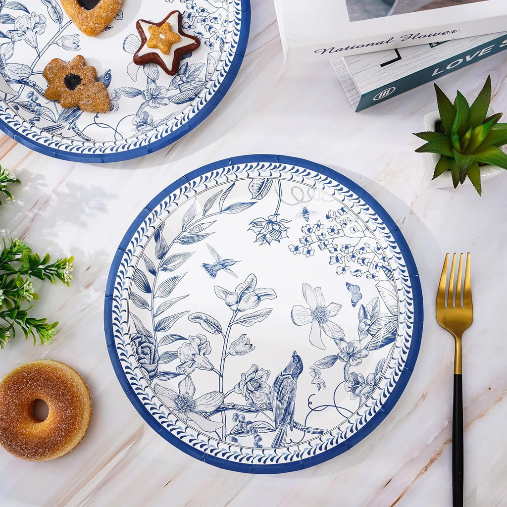 AnyDesign 24Pcs Blue White Paper Plates 9 Inch Vintage Floral Disposable Dinner Plates X3041