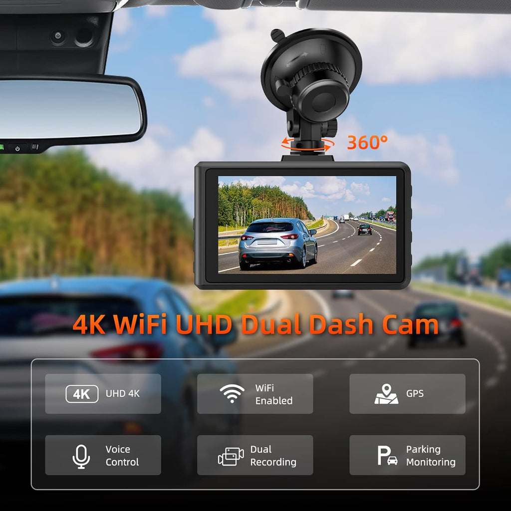 SPADE Dash Cam Front and Rear, 4K+1080P WiFi GPS with 64G SD Card H8852