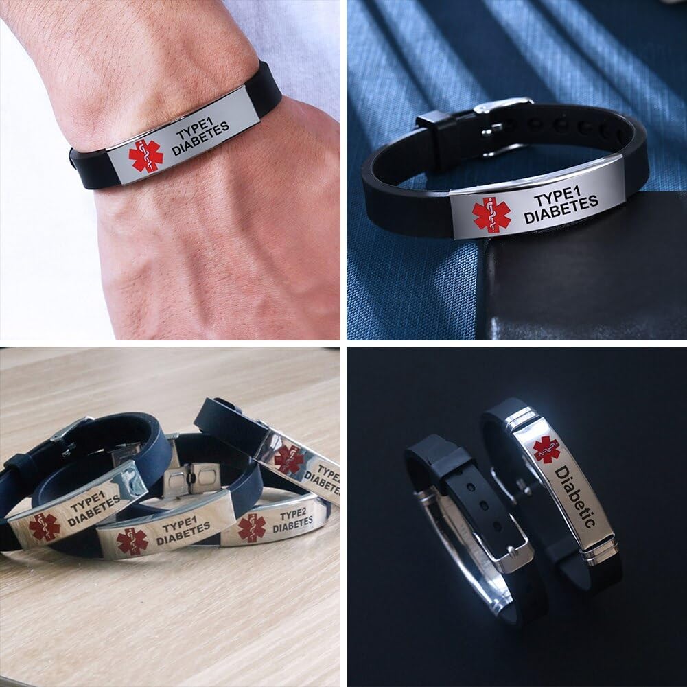 Medical Alert Bracelet Personalized Silicone Wristband with Free Engraving E2967