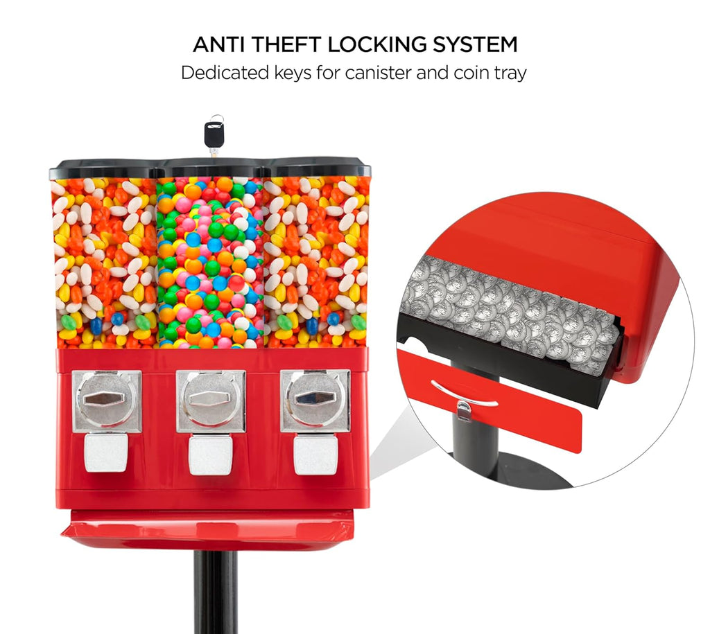 Triple Candy Vending Machine with 3 Removable Canisters and Anti-Theft Lock T38597