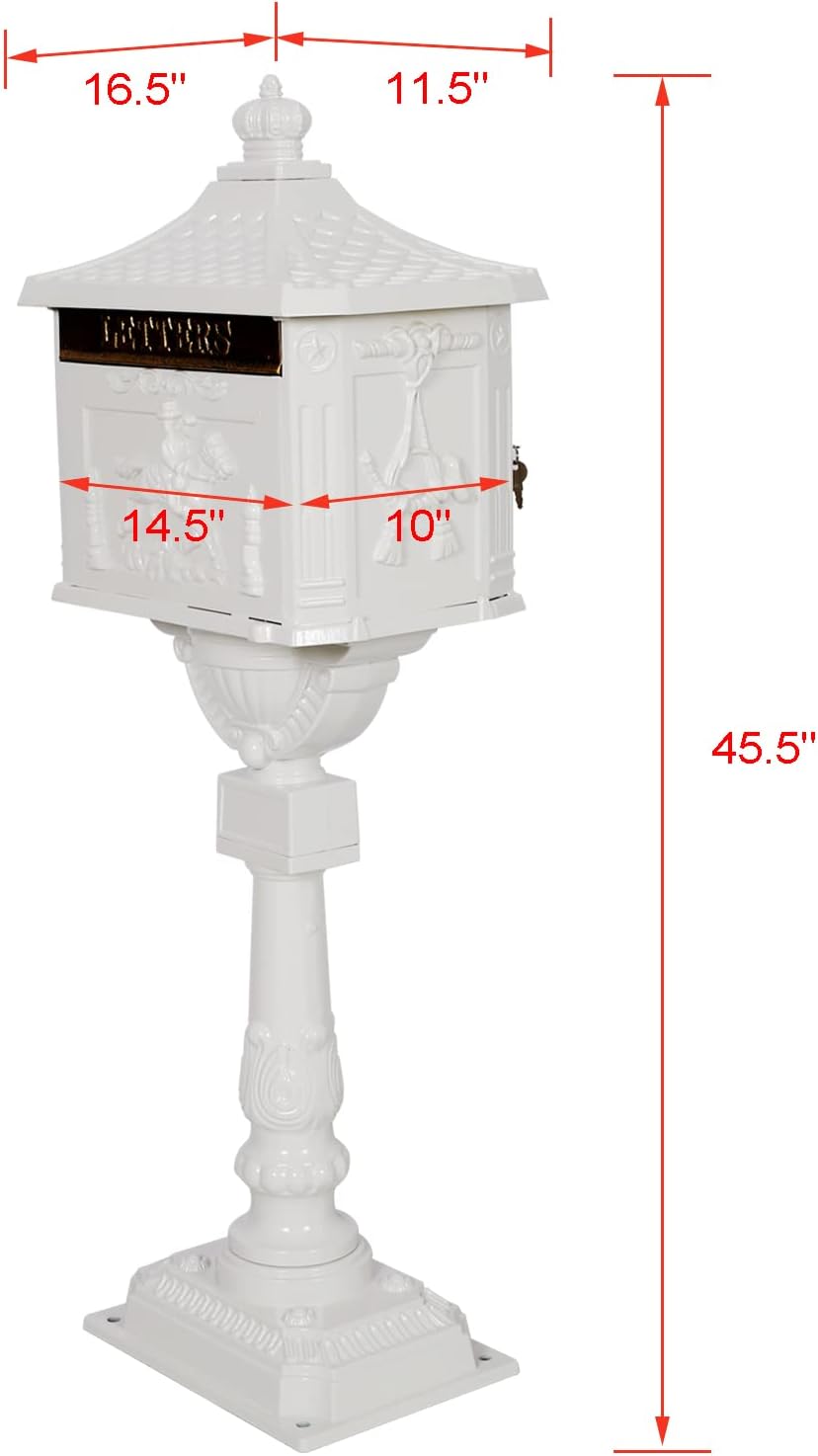 Cast Aluminum Vintage Mailbox with Post, Locking, White L959