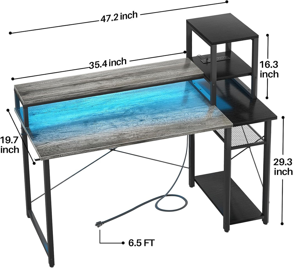47.2" Gaming Desk with LED and Storage Shelves, Grey E259471