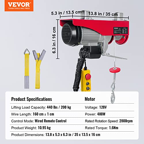 VEVOR Electric Hoist 440LBS 110V with Remote Control and Slings K2767