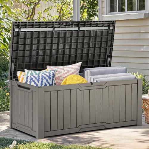 YITAHOME Outdoor Storage Box with Cushion, 120 Gallon, Lockable, Light Brown O374