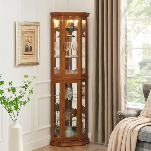 Suteck Corner Curio Cabinet with Lights, Adjustable Tempered Glass Shelves, Mirrored Back, Display Cabinet,Cherry (E26 light bulb not included)