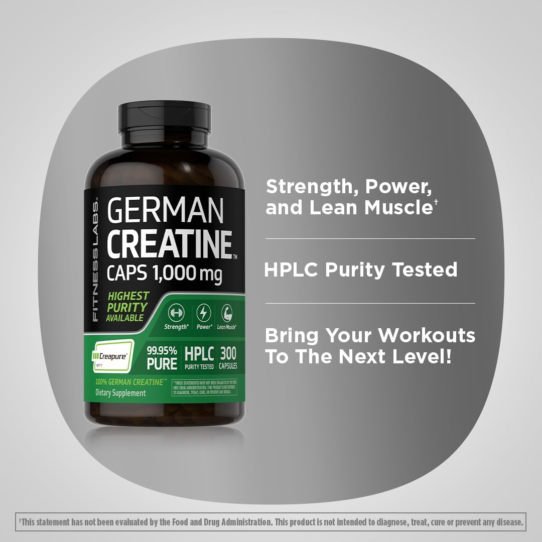 Fitness Labs German Creatine Capsules 1000mg, 300 Count, Monohydrate Supplement F72541
