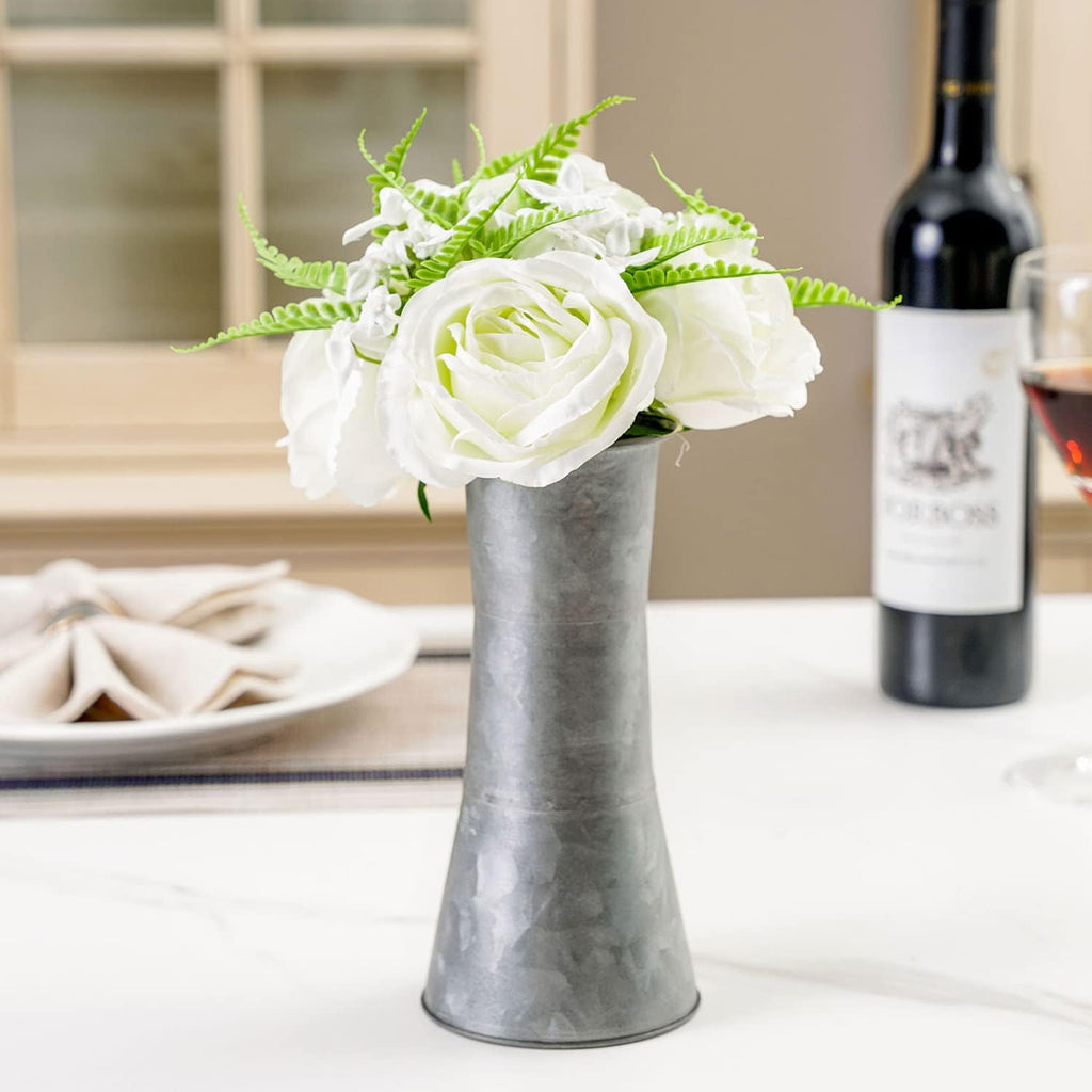 MyGift 8 Inch Galvanized Metal Flower Vase with Faux White Roses X9162