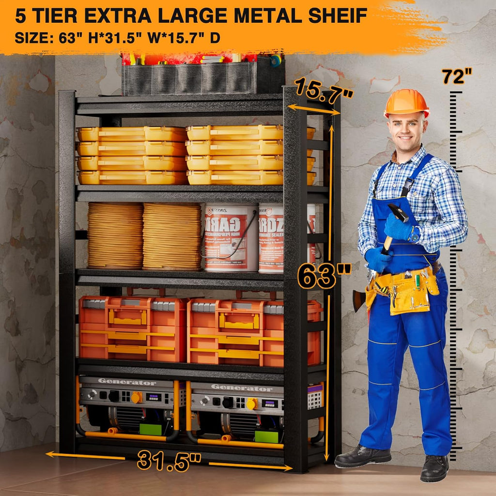 5 Tier Heavy Duty Garage Shelving, Adjustable Metal Storage Rack, 31.5" W x 15.7" D x 63" H K6219