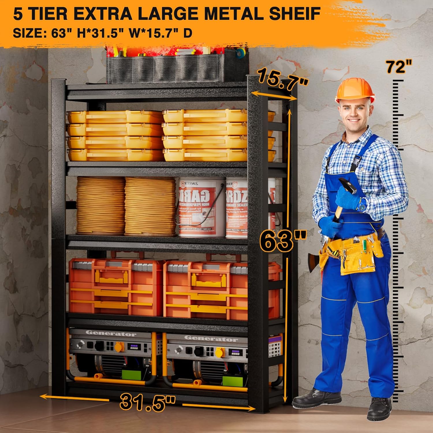 5 Tier Heavy Duty Garage Shelving, Adjustable Metal Storage Rack, 31.5" W x 15.7" D x 63" H K6219