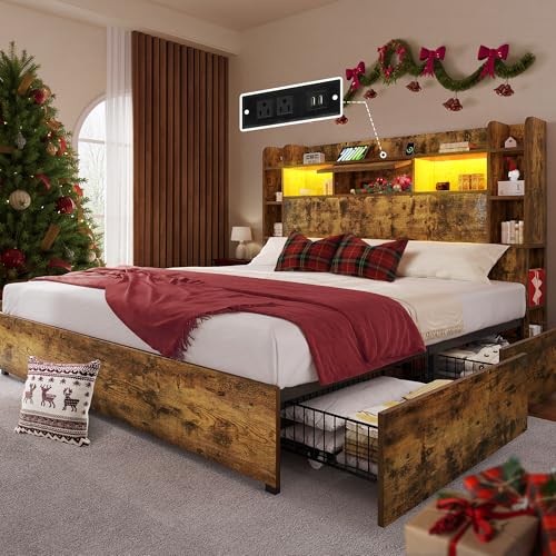 YITAHOME Queen Bed Frame with Bookcase Headboard and 4 Storage Drawers, Black L762695