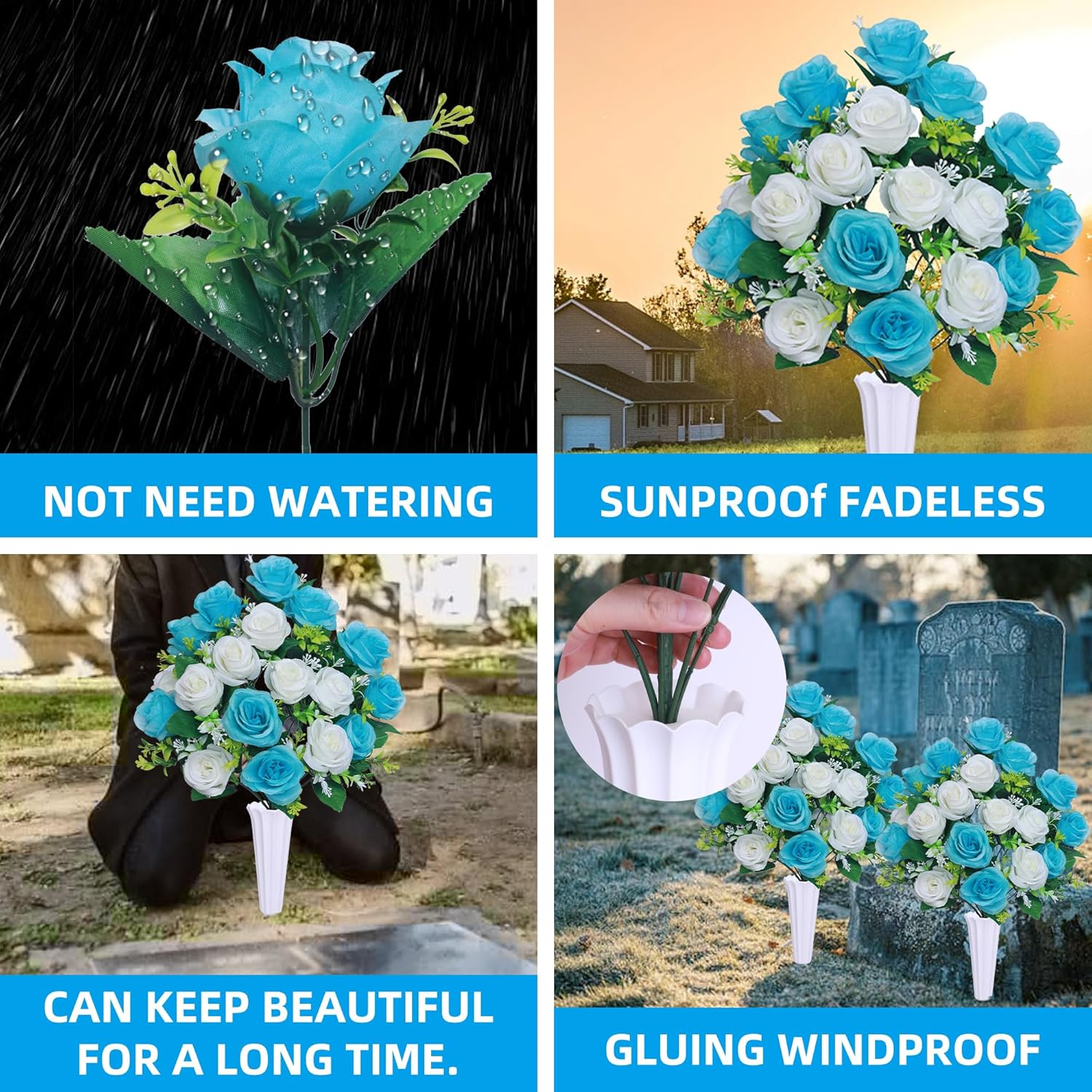 Artificial Silk Cemetery Flower Saddles with Vase for Headstone Decor (Light Blue, 2 Bouquets) Q566