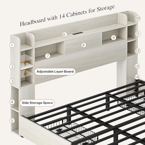 YITAHOME Queen Bed Frame with Bookcase Headboard and 4 Storage Drawers, Black L762695