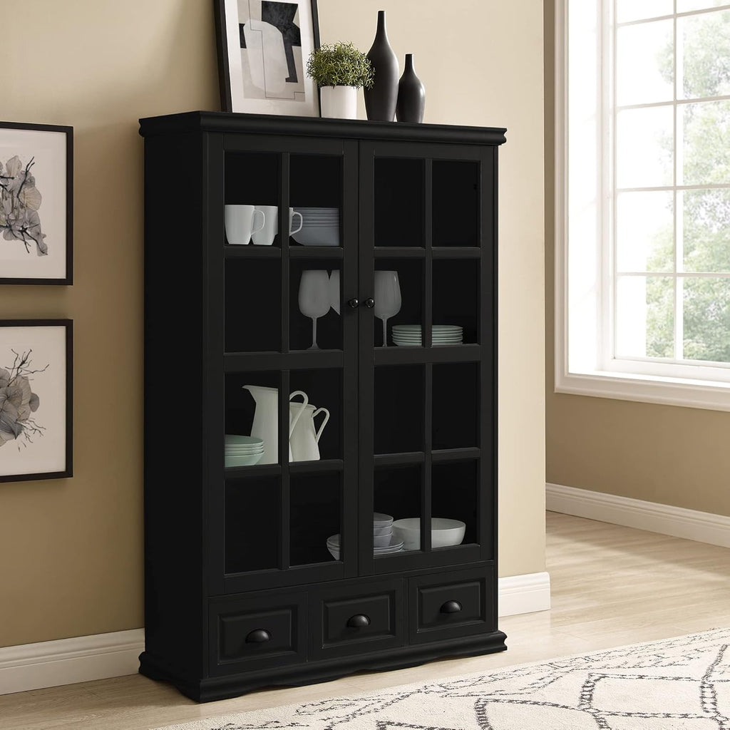 Black Storage Cabinet with Tempered Glass Doors and Drawers G2098