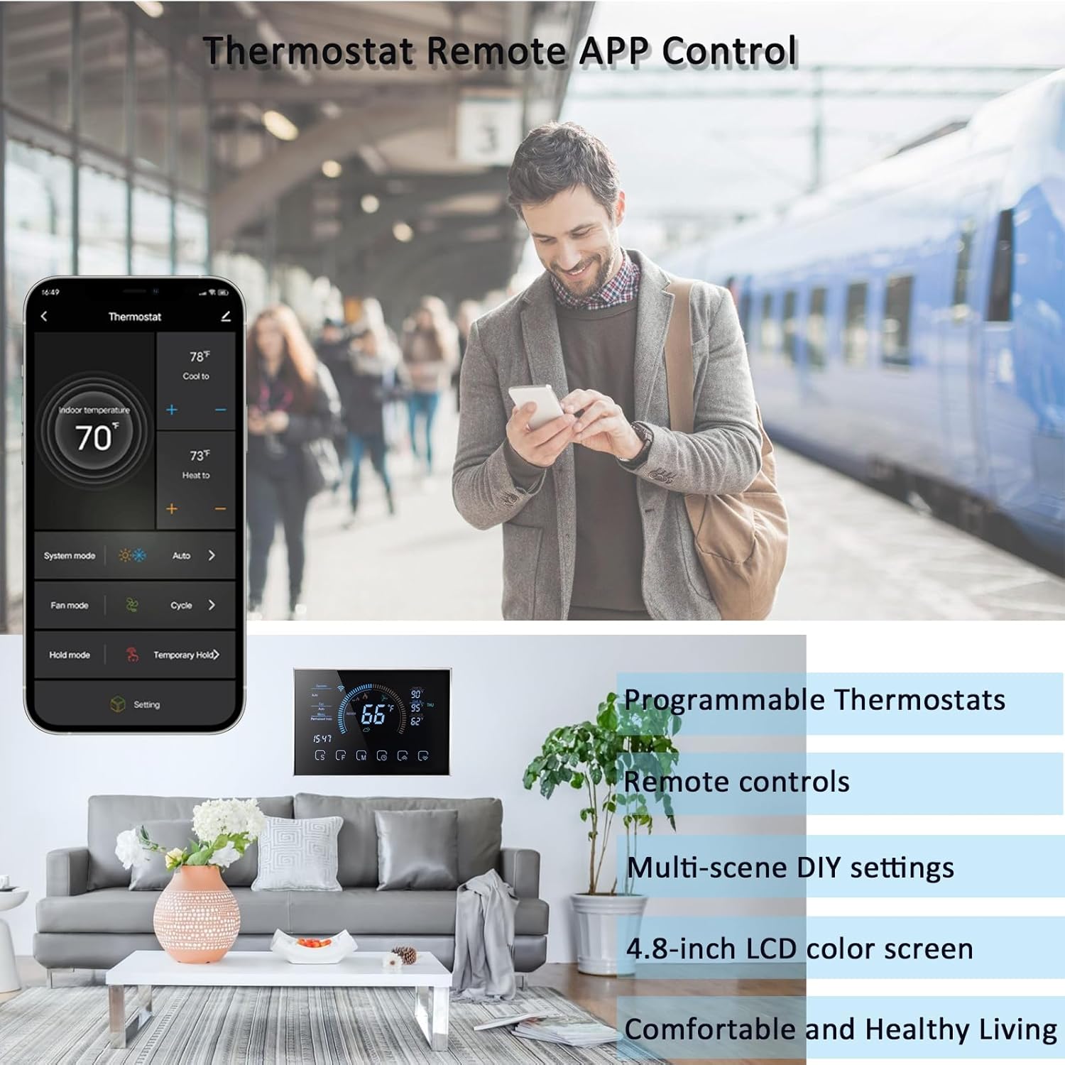 Smart Thermostat with App, WiFi, C-Wire Adapter Included, LCD Color Screen Q853