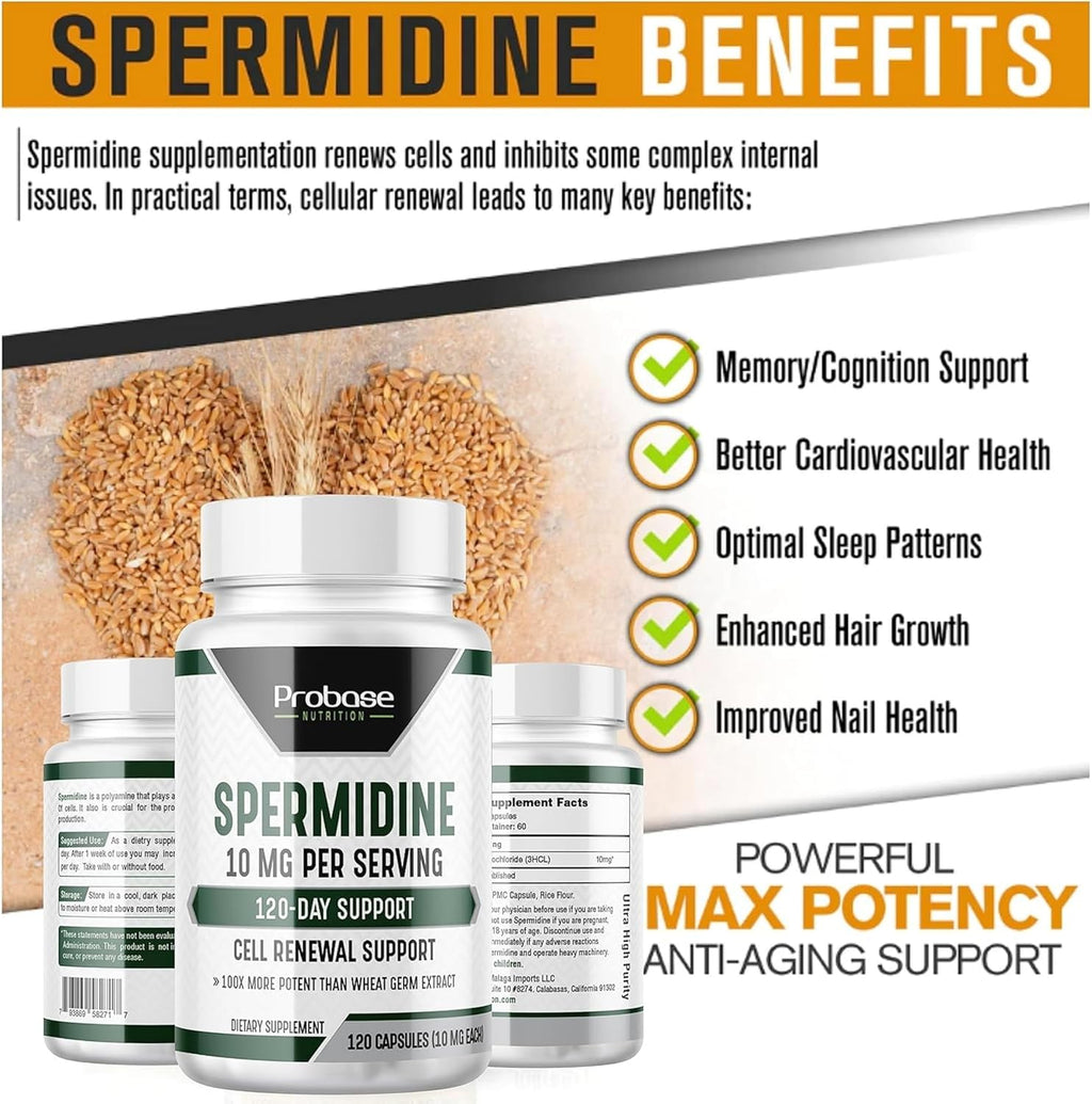 Spermidine 3HCL 10mg 120 Capsules - Telomere Health and Aging Support K807983
