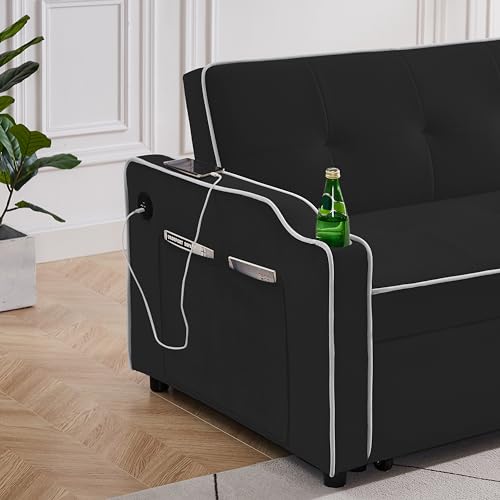 3 in 1 Convertible Sleeper Sofa Chair Bed with Adjustable Backrest, USB Ports, Cup Holder, Black L77626