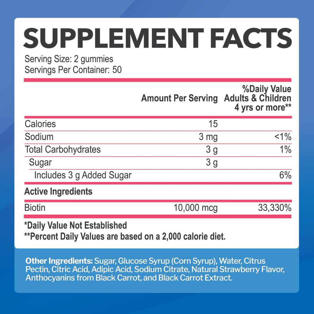 Biotin 10,000mcg Gummies for Women & Men, Strawberry Flavor, 100 Count R181