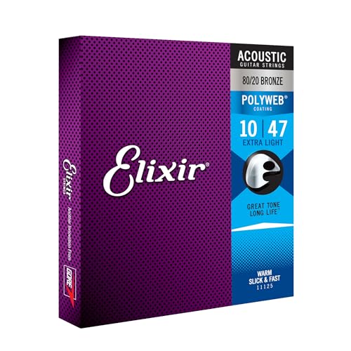Elixir Strings, Acoustic Guitar Strings, 80/20 Bronze with POLYWEB Coating, Longest-Lasting Warm Tone with Comfortable Feel, 6 String Set, Extra Light 10-47