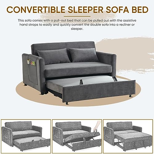 3 in 1 Convertible Sleeper Sofa Bed, Velvet Loveseat Futon with Storage Pockets, Blue B5555