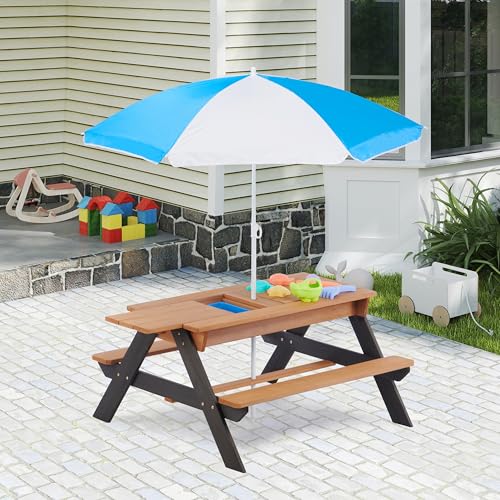 Wooden 3-in-1 Sand & Water Table with Umbrella for Kids Outdoor Play E7312