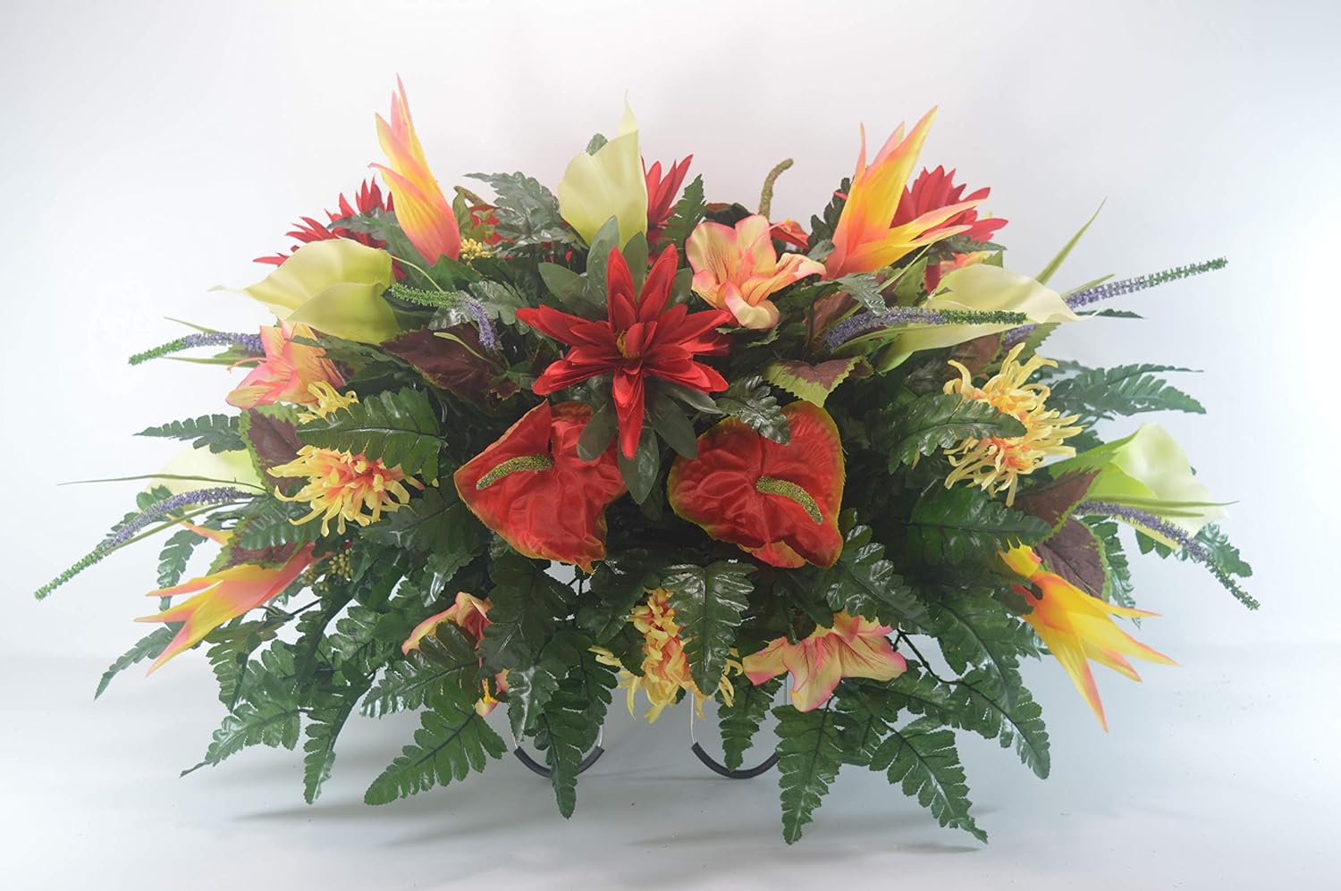R46 Lily and Mum Cemetery Flower Arrangement Headstone Saddle X391424