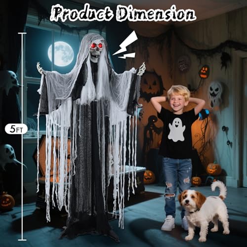 LETIME 5 FT Witch Animatronic Halloween Decorations with Sound Activation and Glowing Red Eyes G158