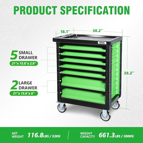 DNA MOTORING 7-Drawer Rolling Tool Cabinet Chest with Keyed Locking System, Green M137