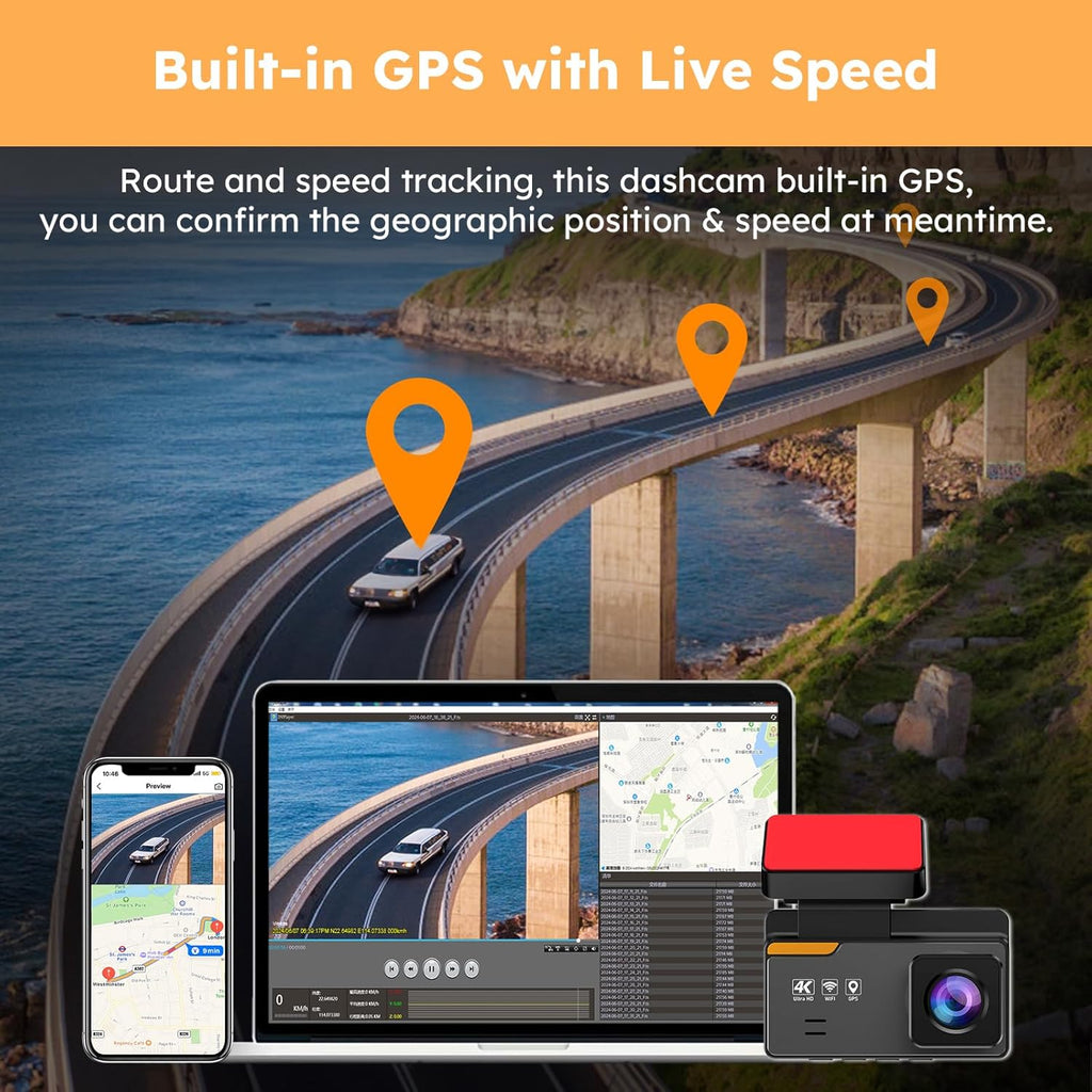 4K Dash Cam Front and Rear with WiFi and GPS, Night Vision, G-Sensor W16914