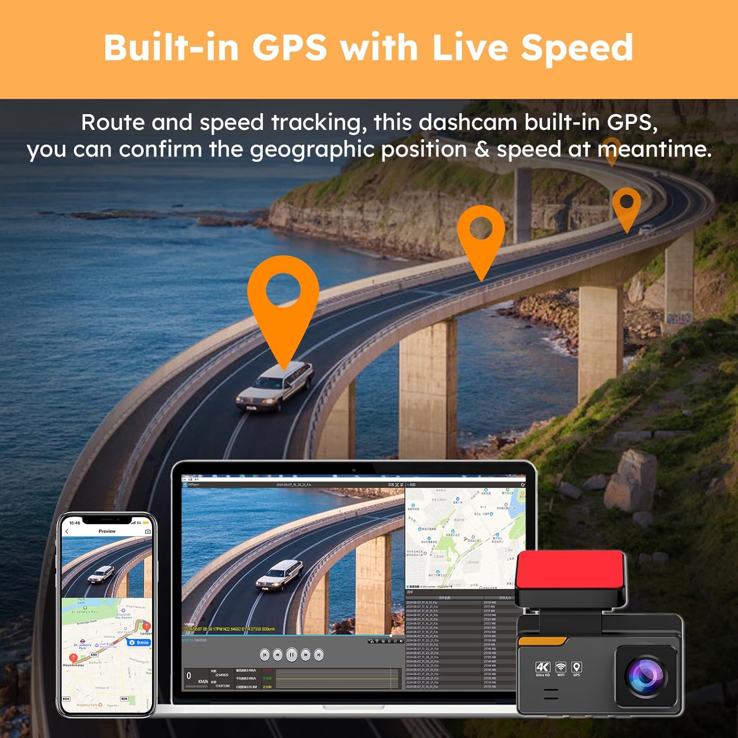 4K Dash Cam Front and Rear with WiFi and GPS, Night Vision, G-Sensor W16914