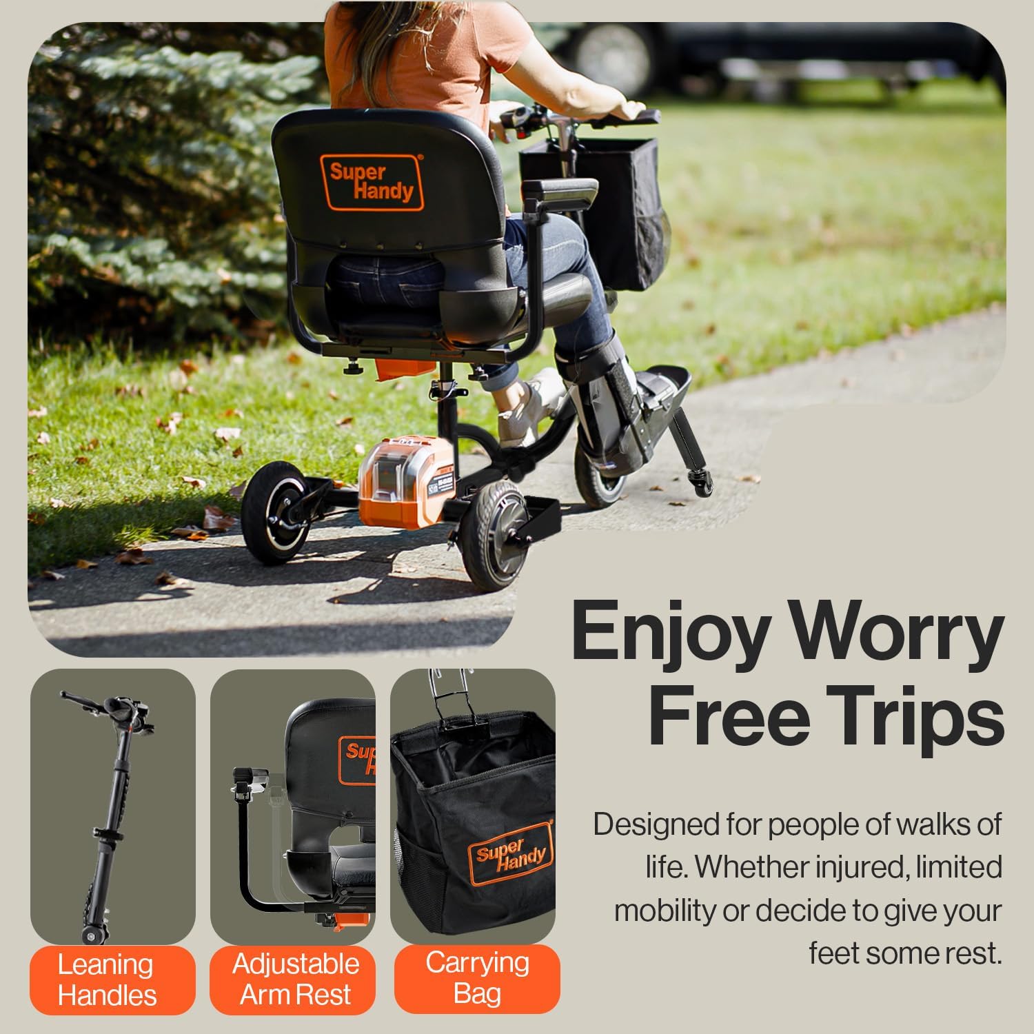 SuperHandy Passport Plus Mobility Scooter Foldable 3 Wheel with GoRise FS Electric Floor to Stand Lift P7383