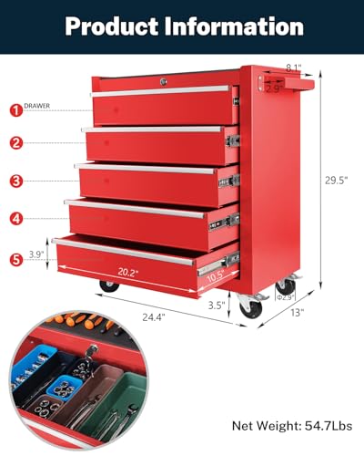 5-Drawer Rolling Tool Chest with Brake Casters, Black E95317