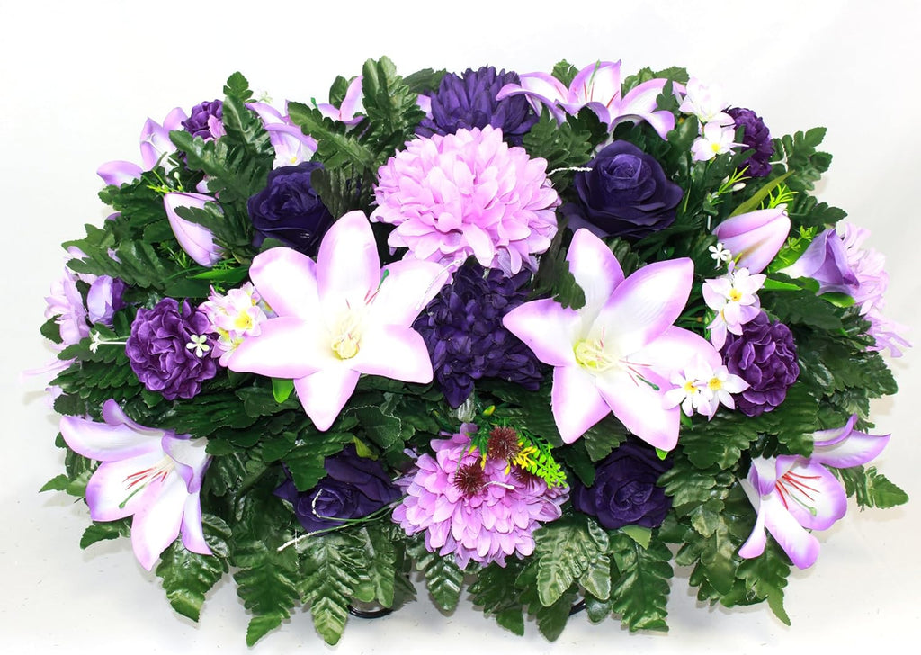XL Handcrafted Purple Lilies, Roses and Mums Headstone Flower Saddle for Grave-Grave Decorations-Memorial Flowers